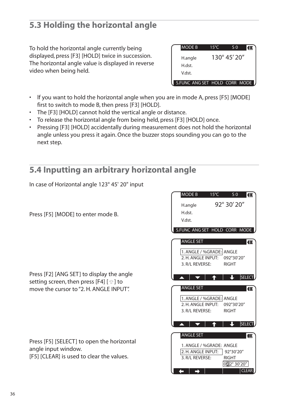 3 holding the horizontal angle, 4 inputting an arbitrary horizontal angle | Pentax R-315EX(NX) User Manual | Page 36 / 80