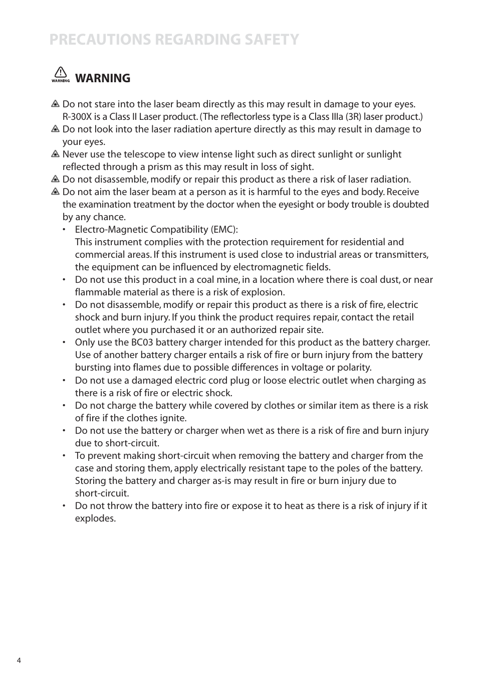 Precautions regarding safety, Warning | Pentax R-315EX(NX) User Manual | Page 4 / 80