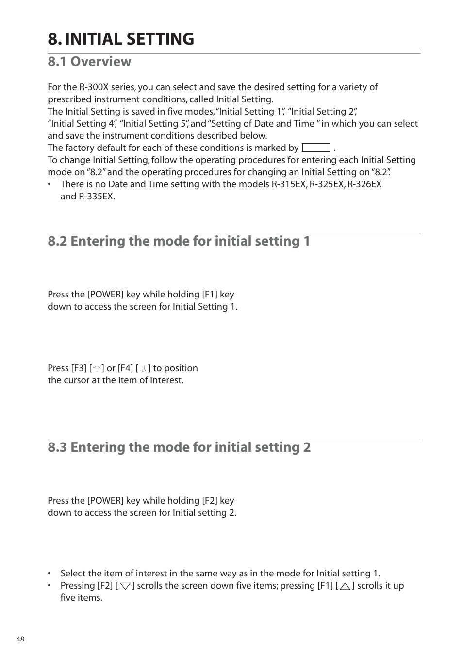 Initial setting, 1 overview, 2 entering the mode for initial setting 1 | 3 entering the mode for initial setting 2 | Pentax R-315EX(NX) User Manual | Page 48 / 80