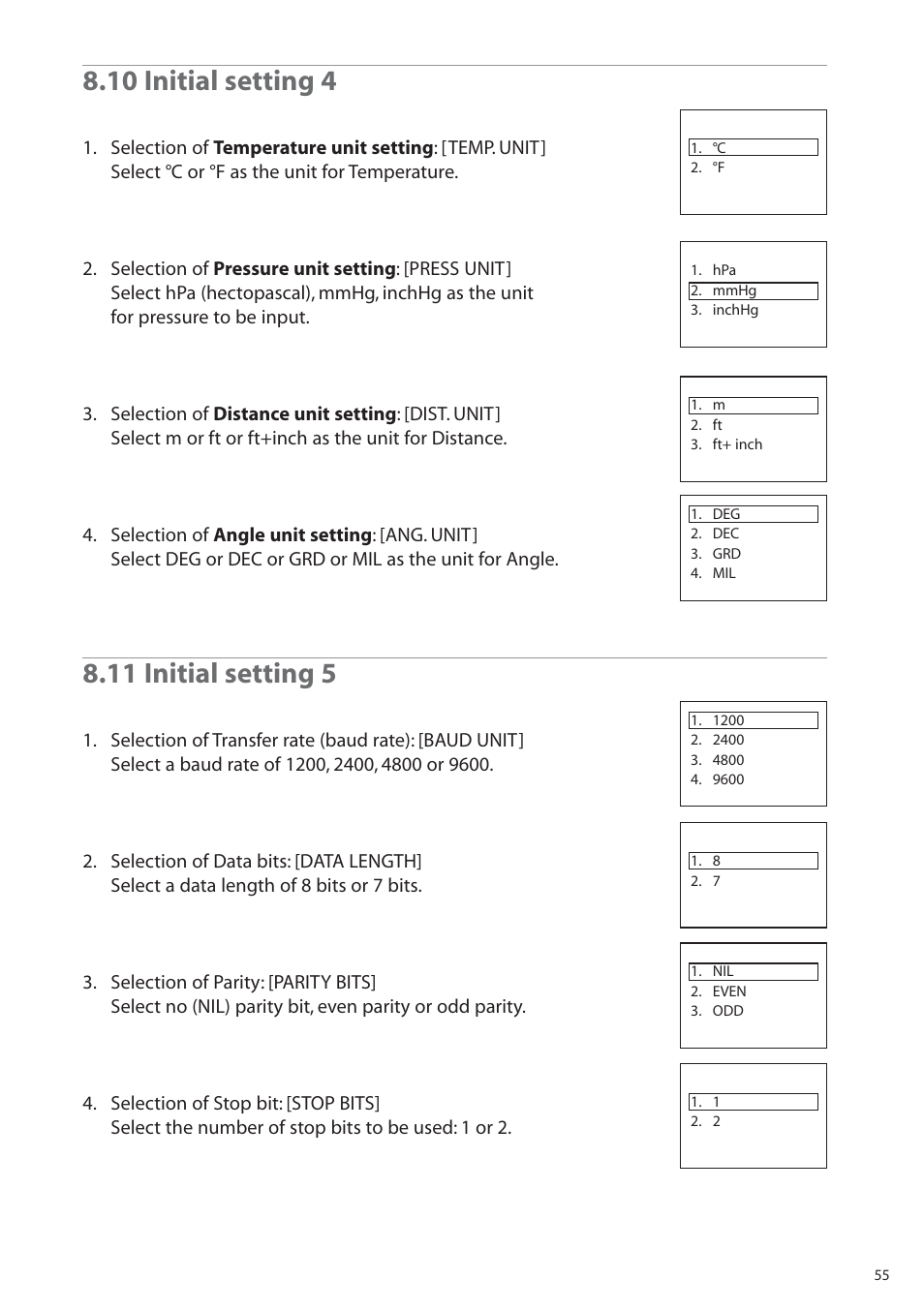 10 initial setting 4, 11 initial setting 5 | Pentax R-315EX(NX) User Manual | Page 55 / 80