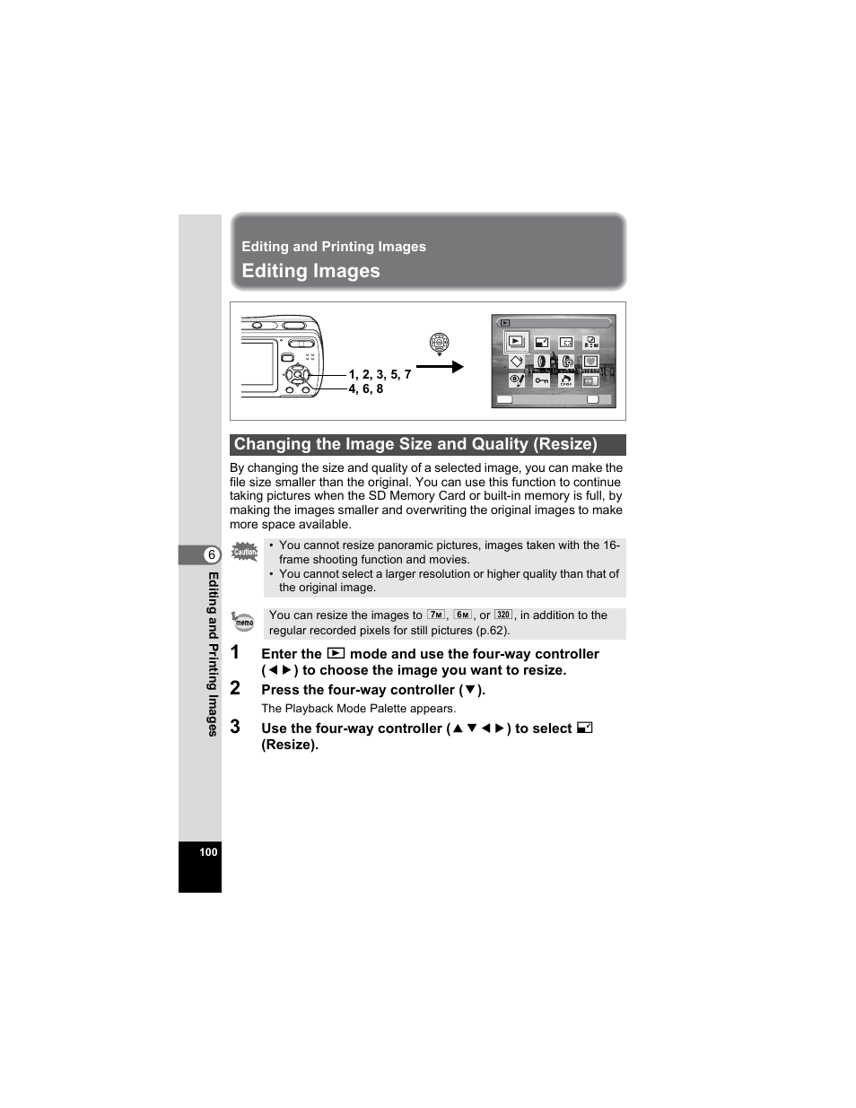 Editing and printing images, Editing images, Changing the image size and quality (resize) | P.100 | Pentax Optio E50 User Manual | Page 102 / 159