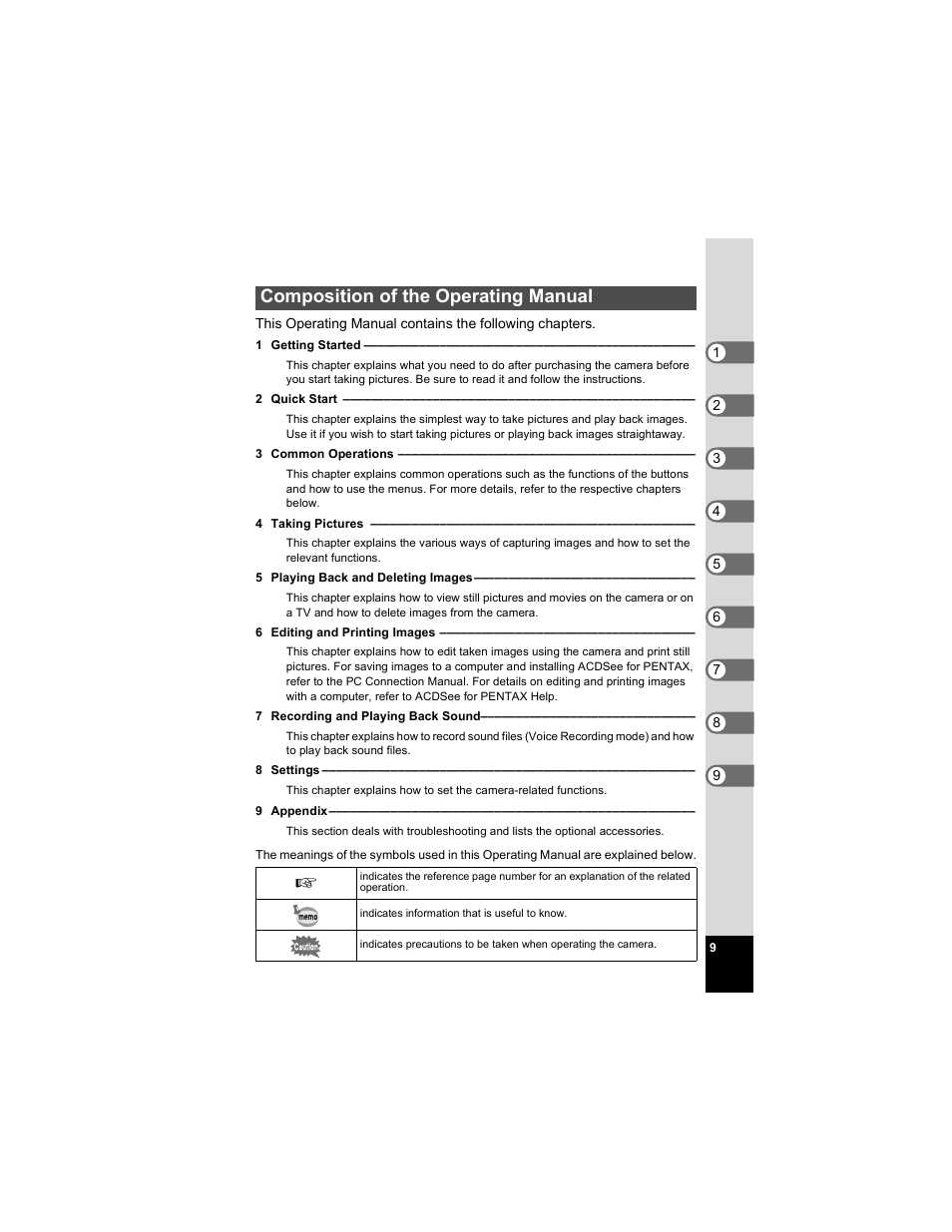 Composition of the operating manual | Pentax Optio E50 User Manual | Page 11 / 159