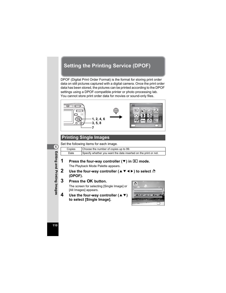 Setting the printing service (dpof), Printing single images, P.110 | Pentax Optio E50 User Manual | Page 112 / 159