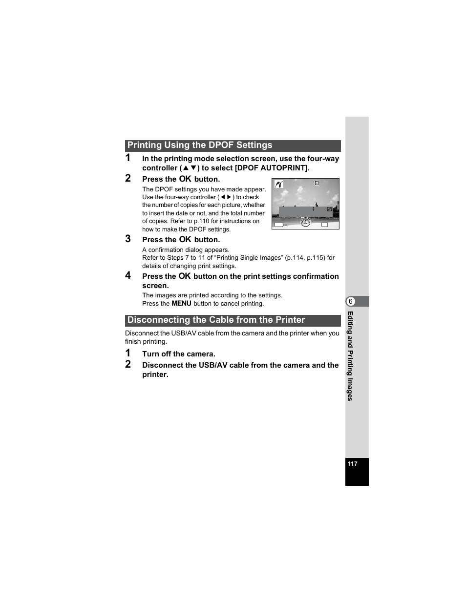 Printing using the dpof settings, Disconnecting the cable from the printer | Pentax Optio E50 User Manual | Page 119 / 159