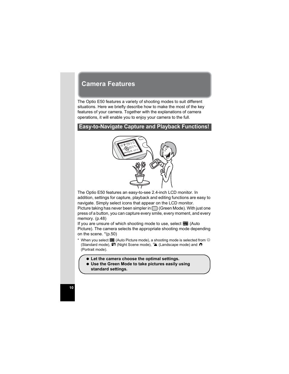 Camera features, Easy-to-navigate capture and playback functions | Pentax Optio E50 User Manual | Page 12 / 159