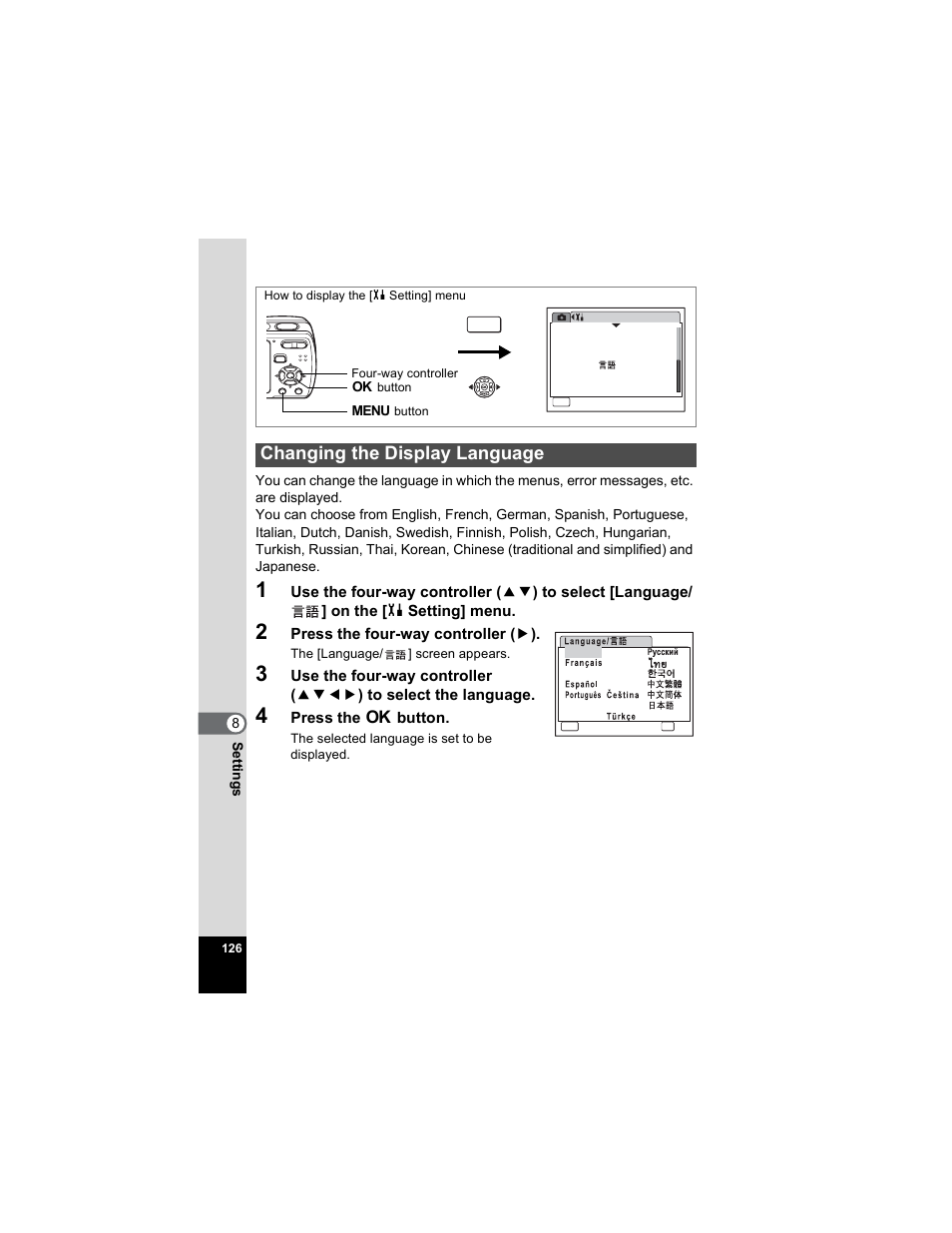 Changing the display language, P.126 | Pentax Optio E50 User Manual | Page 128 / 159