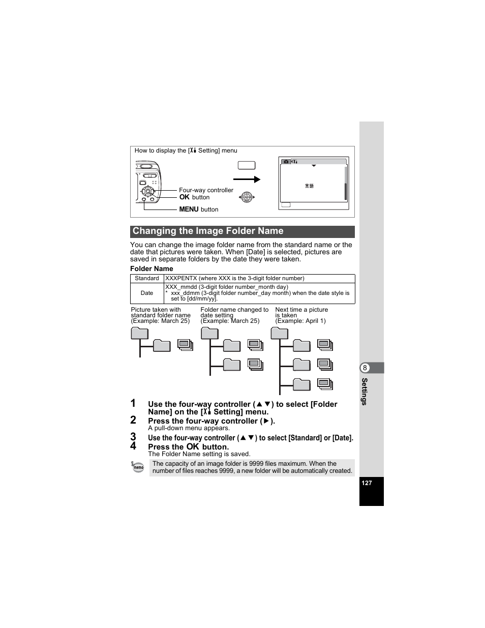 Changing the image folder name, P.127), P.127 | Pentax Optio E50 User Manual | Page 129 / 159