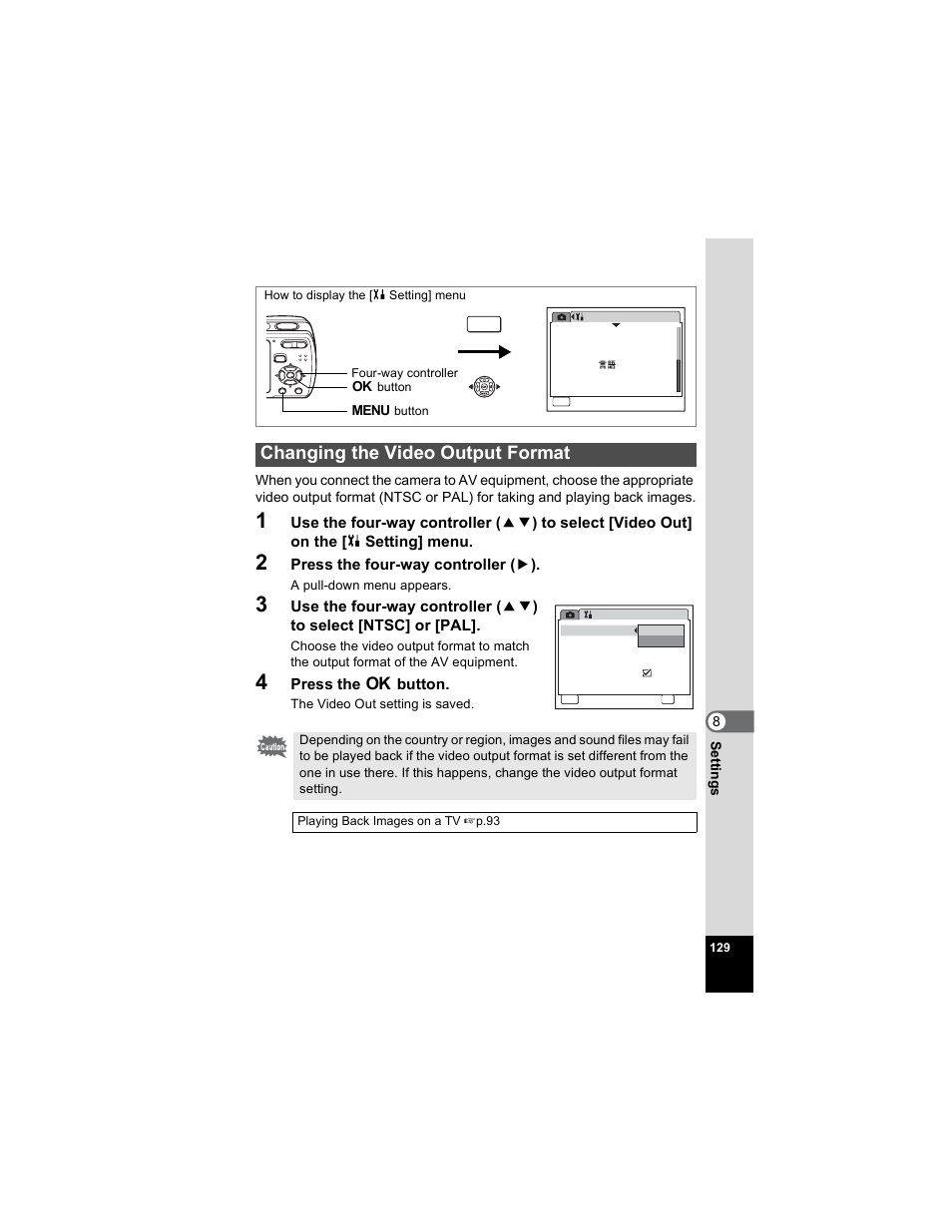 Changing the video output format, P.129 | Pentax Optio E50 User Manual | Page 131 / 159