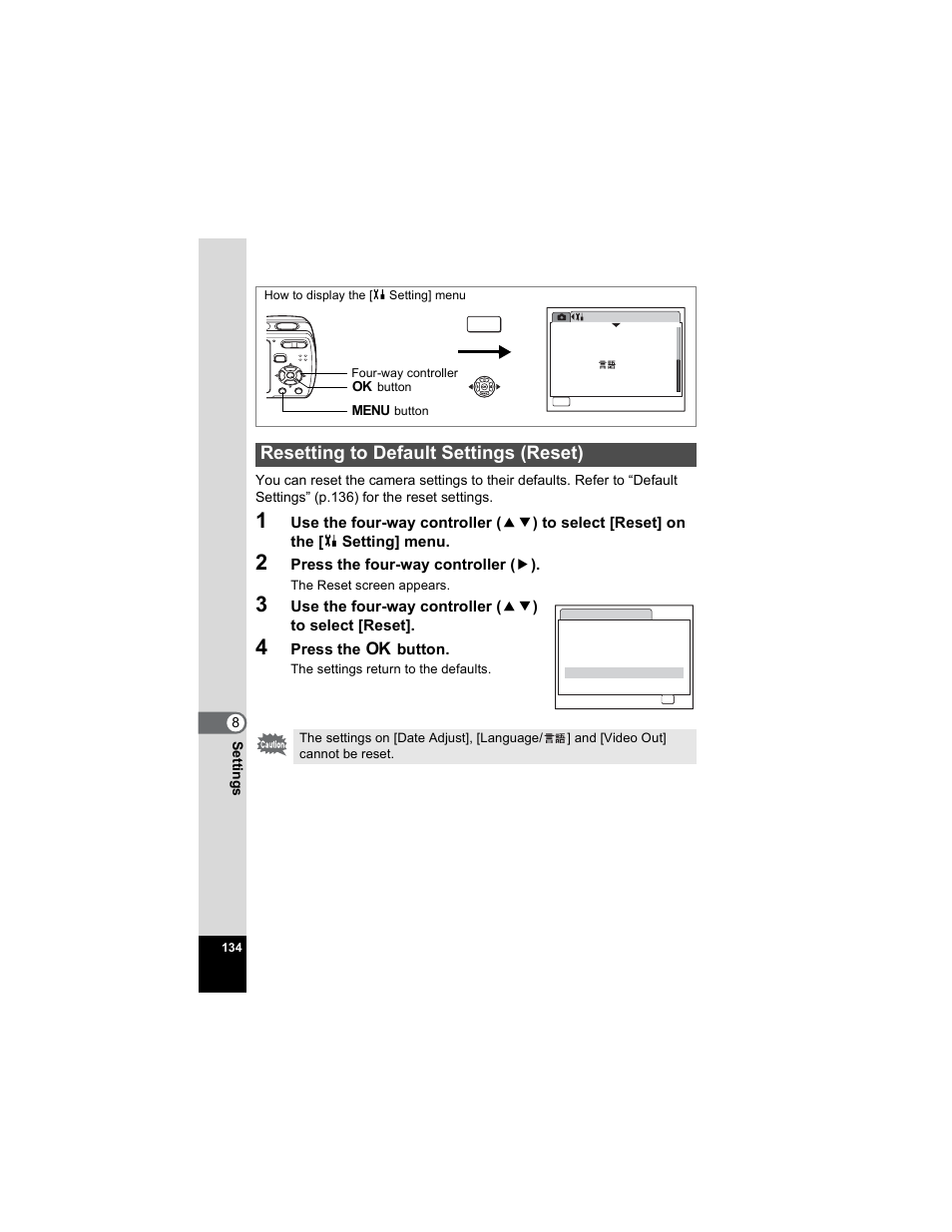 Resetting to default settings (reset), P.134 | Pentax Optio E50 User Manual | Page 136 / 159