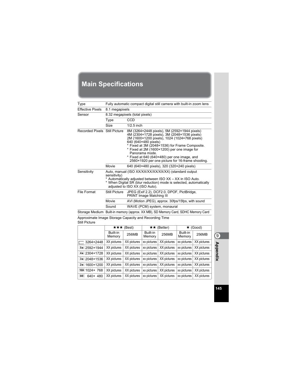 Main specifications, P.145 | Pentax Optio E50 User Manual | Page 147 / 159