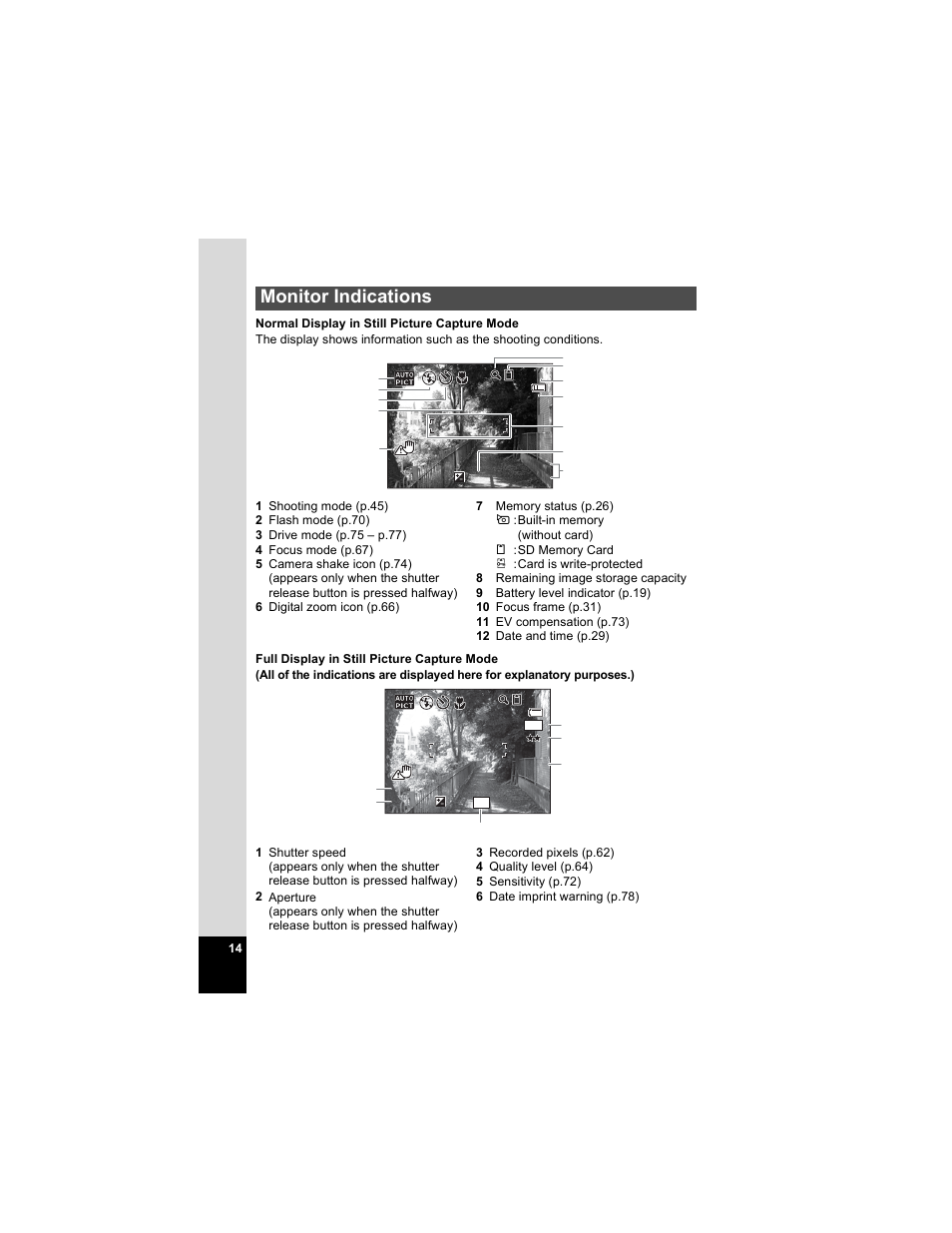 Monitor indications | Pentax Optio E50 User Manual | Page 16 / 159