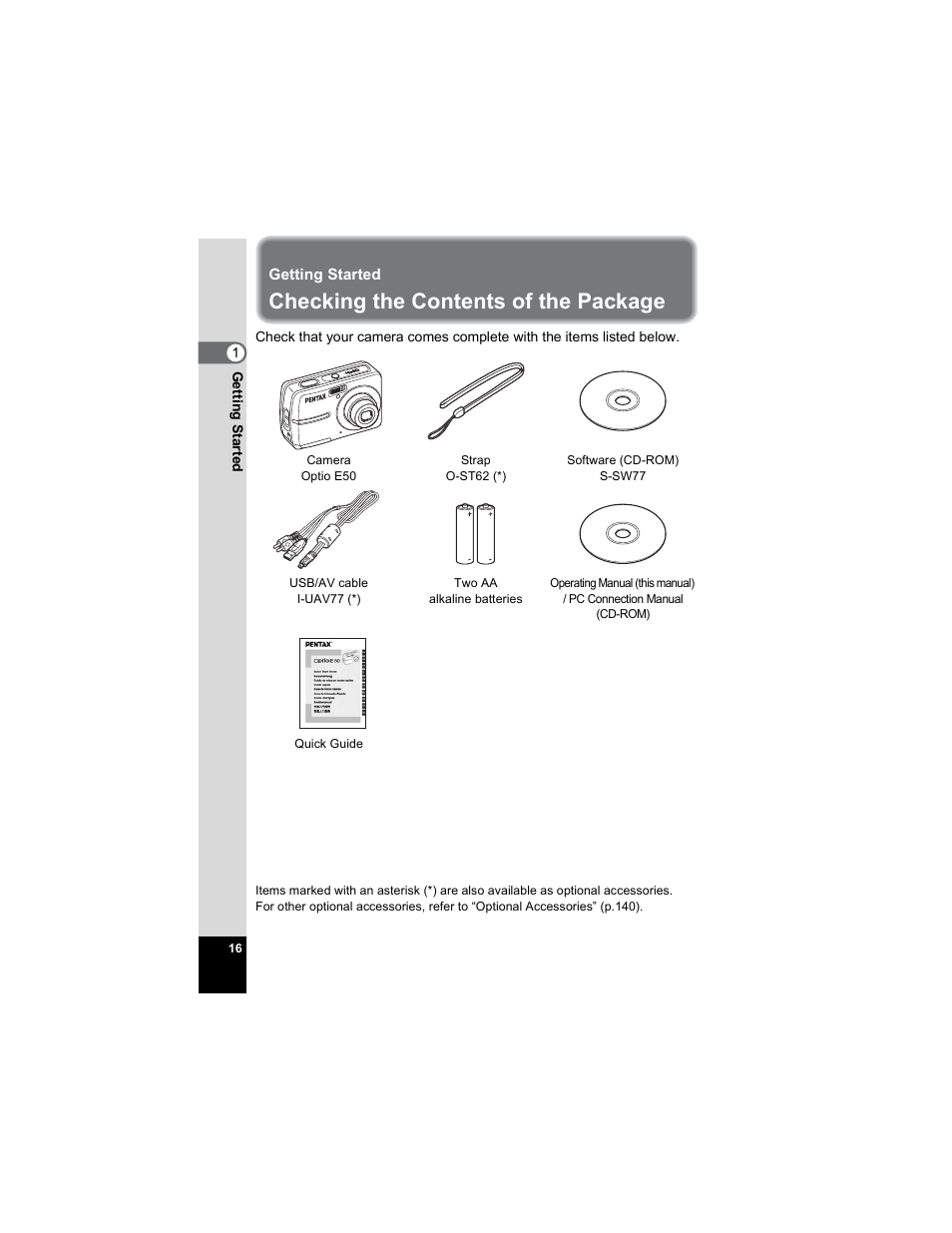 Getting started, Checking the contents of the package | Pentax Optio E50 User Manual | Page 18 / 159