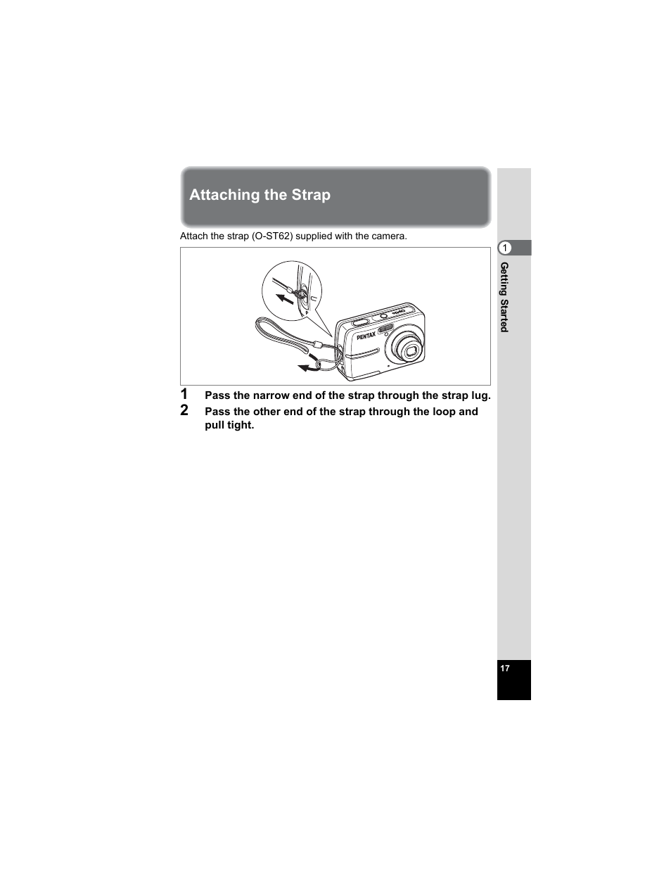 Attaching the strap | Pentax Optio E50 User Manual | Page 19 / 159