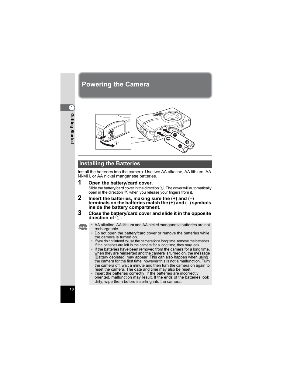 Powering the camera, Installing the batteries | Pentax Optio E50 User Manual | Page 20 / 159