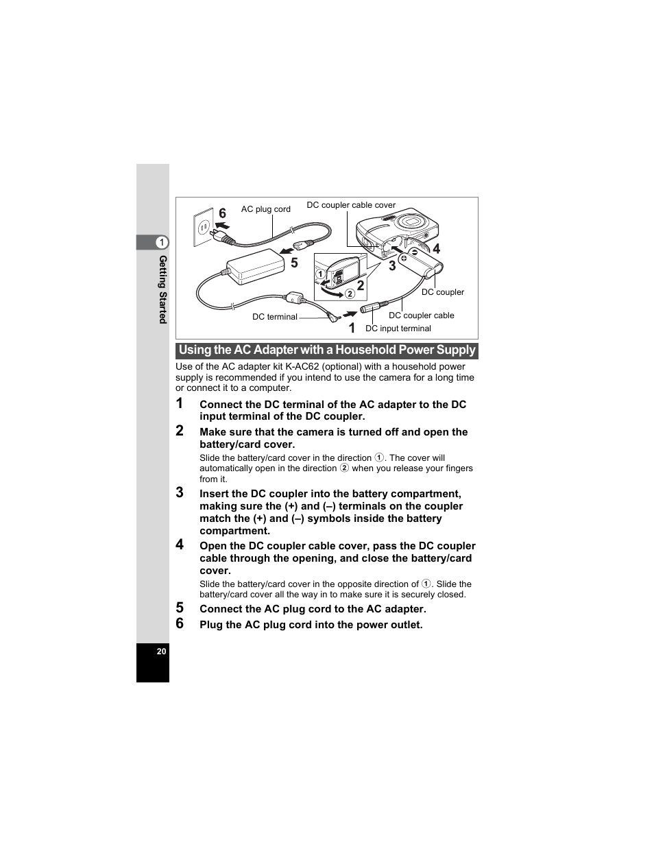 Using the ac adapter with a household power supply | Pentax Optio E50 User Manual | Page 22 / 159