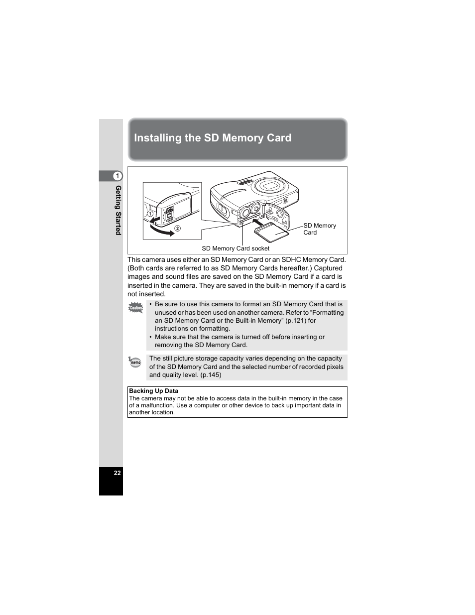 Installing the sd memory card | Pentax Optio E50 User Manual | Page 24 / 159
