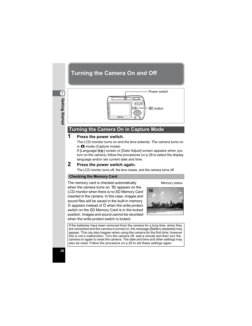 Turning the camera on and off, Turning the camera on in capture mode, Us (p.26) | Turning the camera on and off 1 | Pentax Optio E50 User Manual | Page 28 / 159