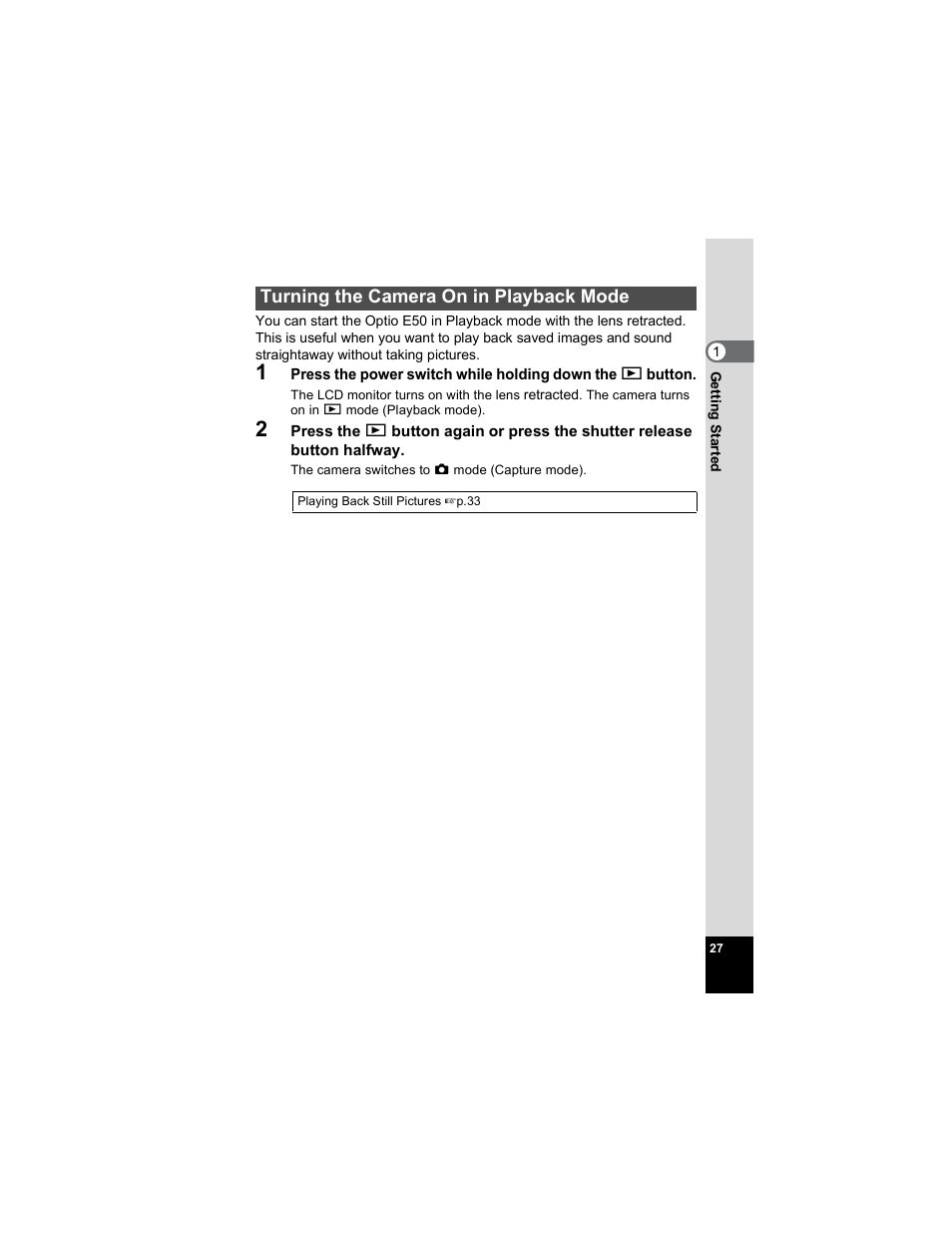 Turning the camera on in playback mode | Pentax Optio E50 User Manual | Page 29 / 159