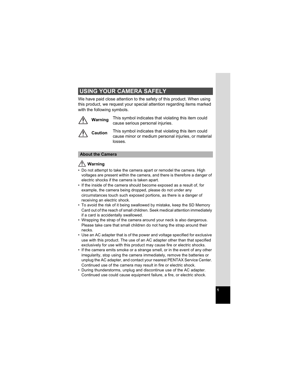 Using your camera safely | Pentax Optio E50 User Manual | Page 3 / 159