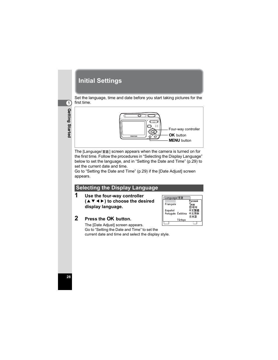 Initial settings, Selecting the display language | Pentax Optio E50 User Manual | Page 30 / 159