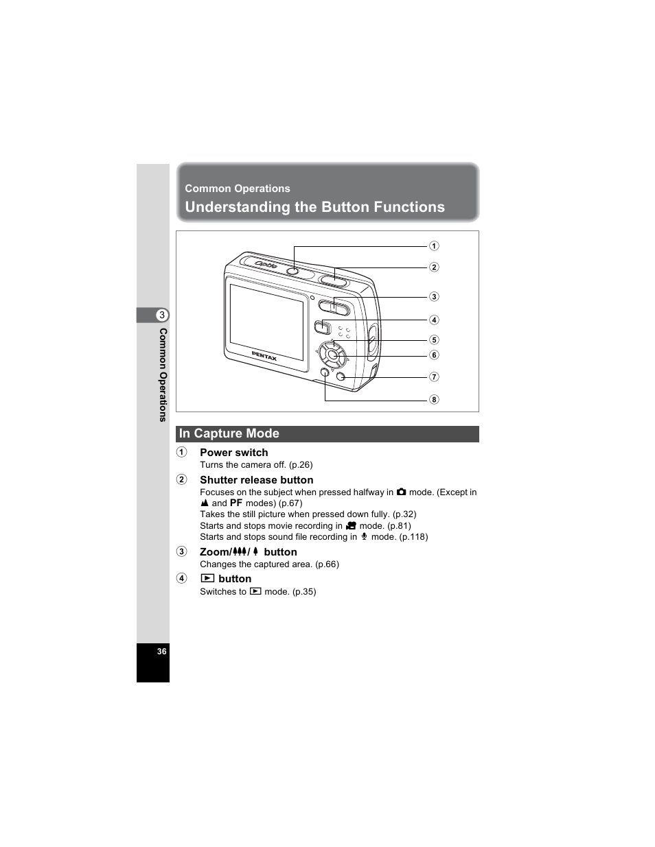 Common operations, Understanding the button functions, In capture mode | Pentax Optio E50 User Manual | Page 38 / 159