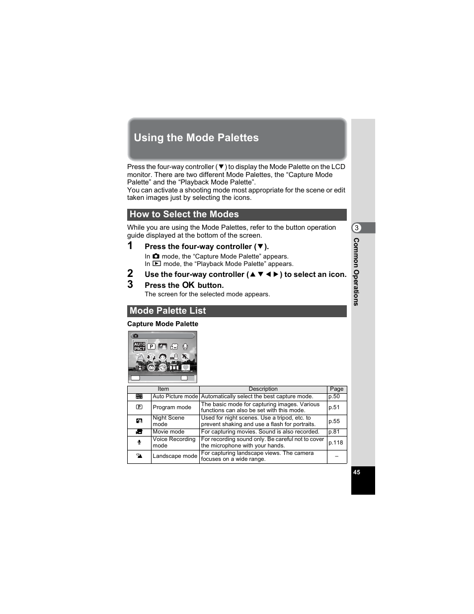 Using the mode palettes, How to select the modes, Mode palette list | How to select the modes mode palette list, P.45) | Pentax Optio E50 User Manual | Page 47 / 159