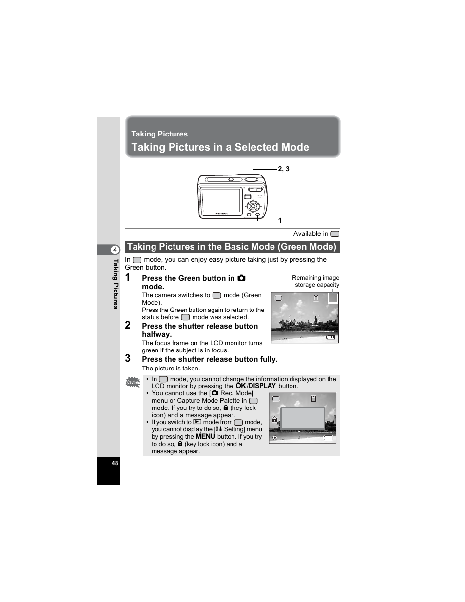 Taking pictures, Taking pictures in a selected mode, Taking pictures in the basic mode (green mode) | P.48) | Pentax Optio E50 User Manual | Page 50 / 159