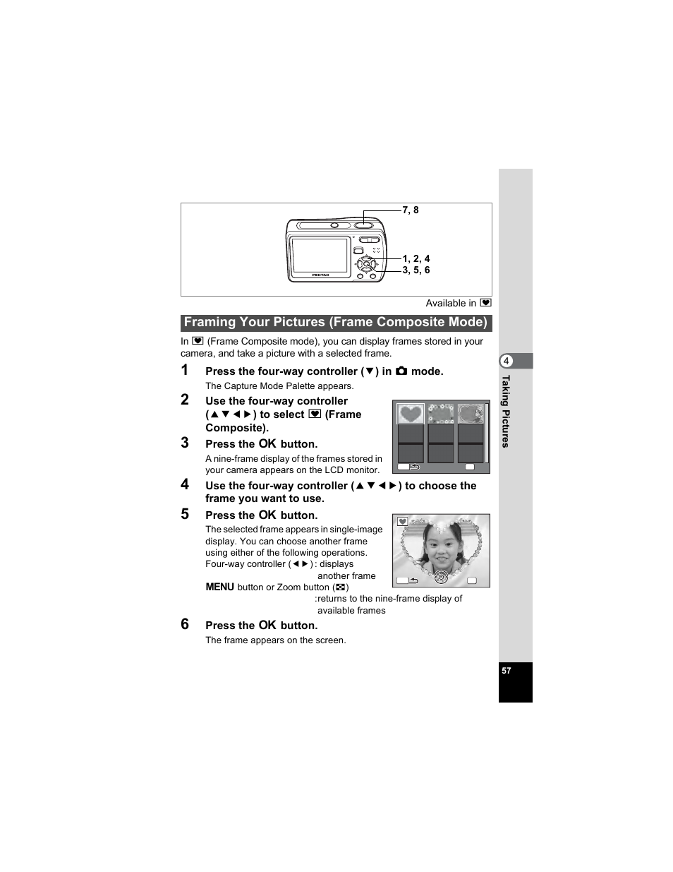 Framing your pictures (frame composite mode), P.57 | Pentax Optio E50 User Manual | Page 59 / 159