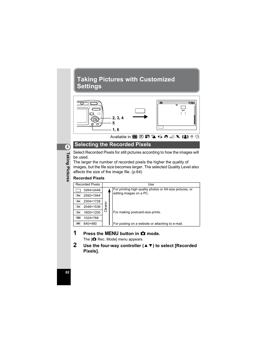 Taking pictures with customized settings, Selecting the recorded pixels, P.62) | P.62 | Pentax Optio E50 User Manual | Page 64 / 159