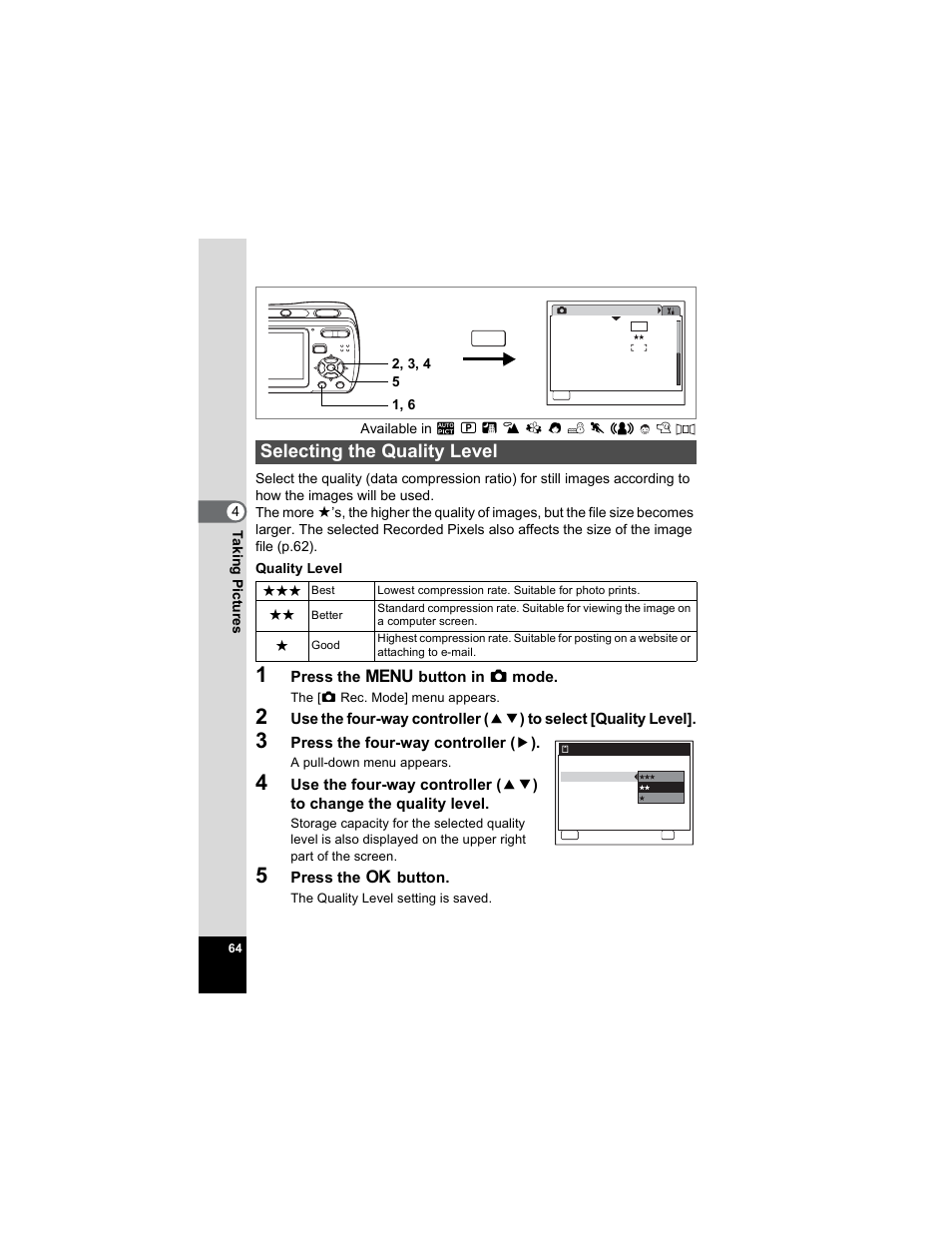 Selecting the quality level, P.64), P.64 | Pentax Optio E50 User Manual | Page 66 / 159