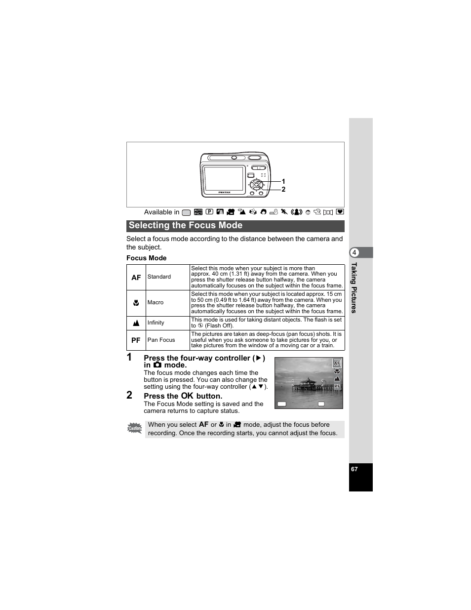 Selecting the focus mode, Cus mode (p.67), P.67 | Pentax Optio E50 User Manual | Page 69 / 159