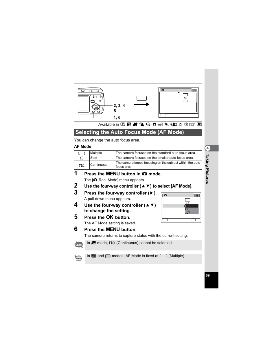 Selecting the auto focus mode (af mode), P.69 | Pentax Optio E50 User Manual | Page 71 / 159