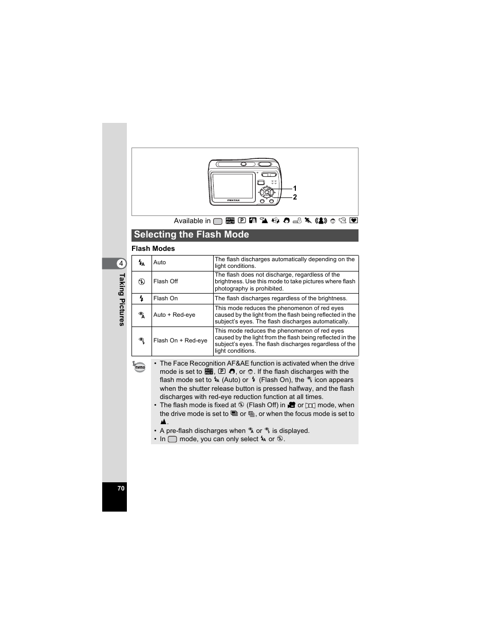 Selecting the flash mode, P.70) | Pentax Optio E50 User Manual | Page 72 / 159