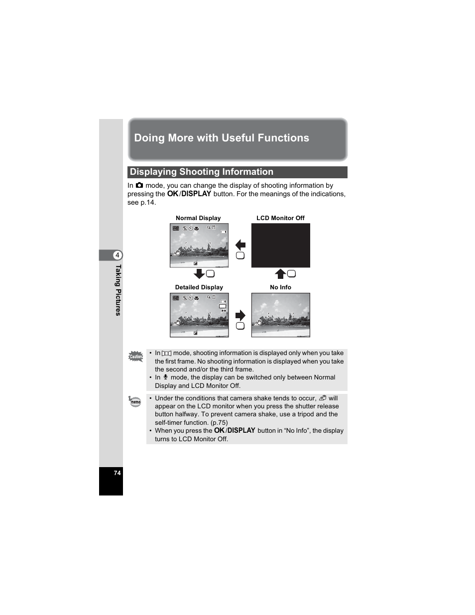 Doing more with useful functions, Displaying shooting information, On (p.74) | P.74), 4tak ing pi cture s | Pentax Optio E50 User Manual | Page 76 / 159