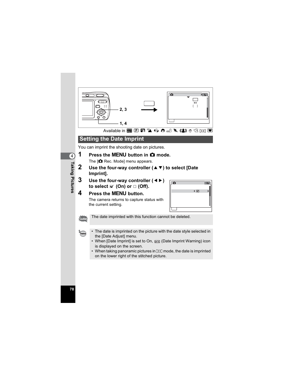 Setting the date imprint, Warning (p.78), P.78 | Pentax Optio E50 User Manual | Page 80 / 159