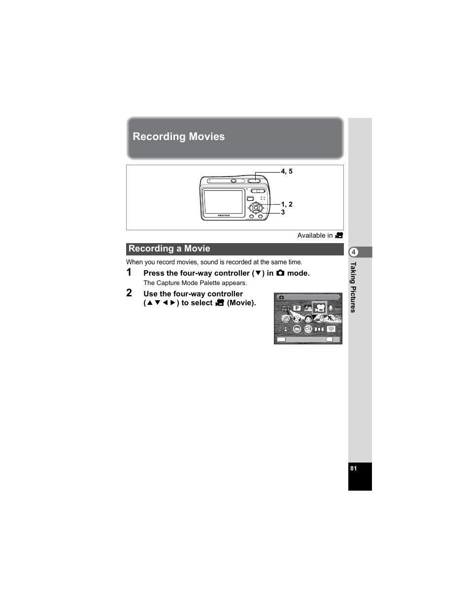 Recording movies, Recording a movie, P.81) | P.81 | Pentax Optio E50 User Manual | Page 83 / 159