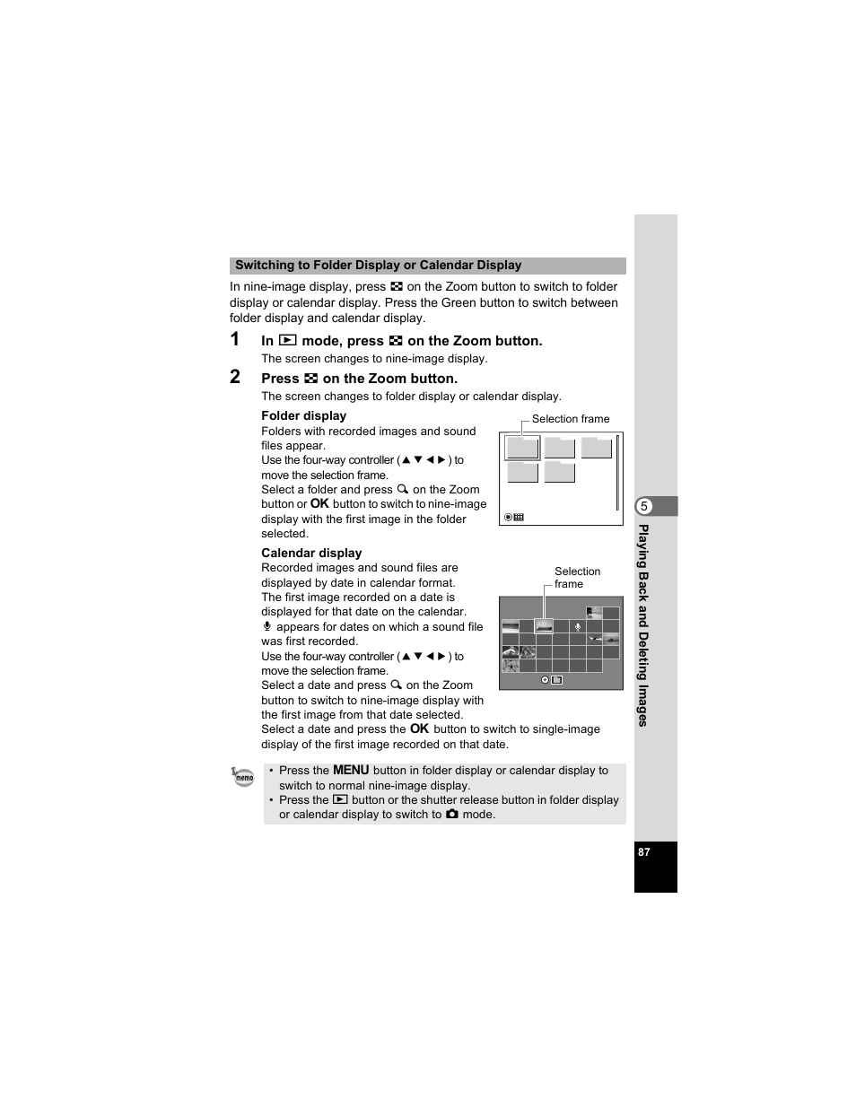 P.87), P.87, Press f on the zoom button | Folder display, Calendar display, Switching to folder display or calendar display, The screen changes to nine-image display | Pentax Optio E50 User Manual | Page 89 / 159