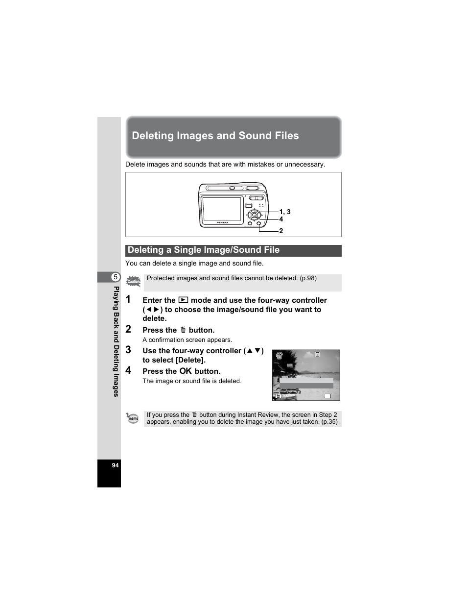 Deleting images and sound files, Deleting a single image/sound file, P.94) | Pentax Optio E50 User Manual | Page 96 / 159