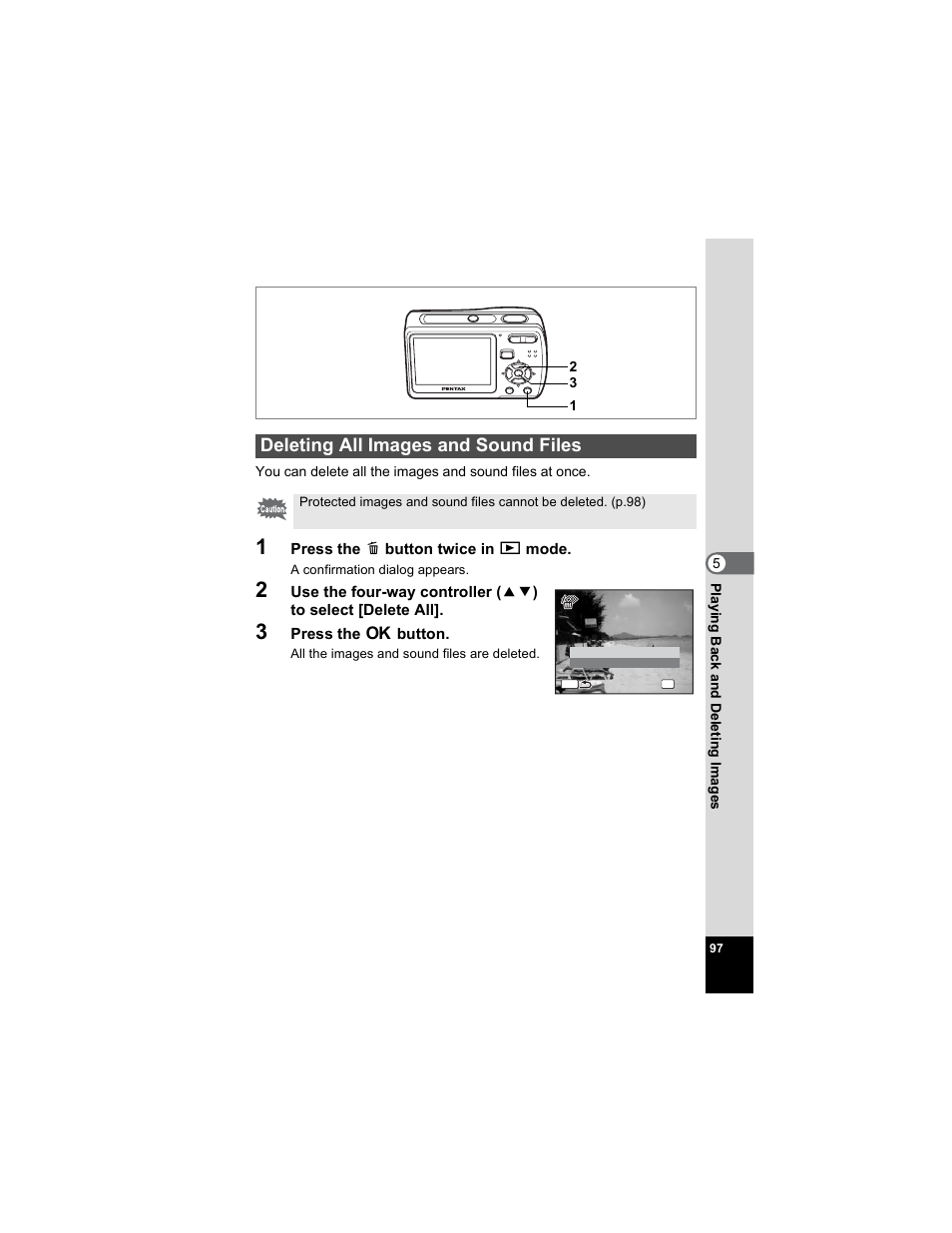 Deleting all images and sound files | Pentax Optio E50 User Manual | Page 99 / 159