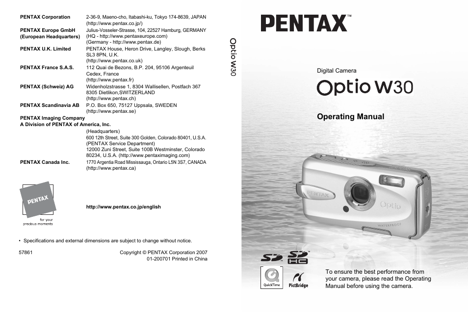 Pentax Optio W30 User Manual | 212 pages