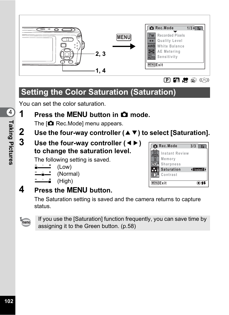 Setting the color saturation (saturation), P.102, Press the 3 button in a mode | Press the 3 button | Pentax Optio W30 User Manual | Page 104 / 212