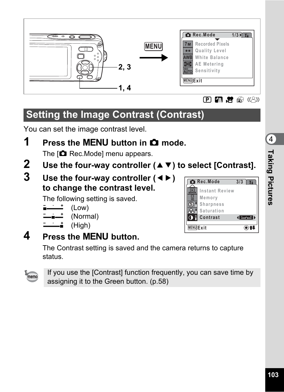 Setting the image contrast (contrast), P.103, Press the 3 button in a mode | Press the 3 button | Pentax Optio W30 User Manual | Page 105 / 212