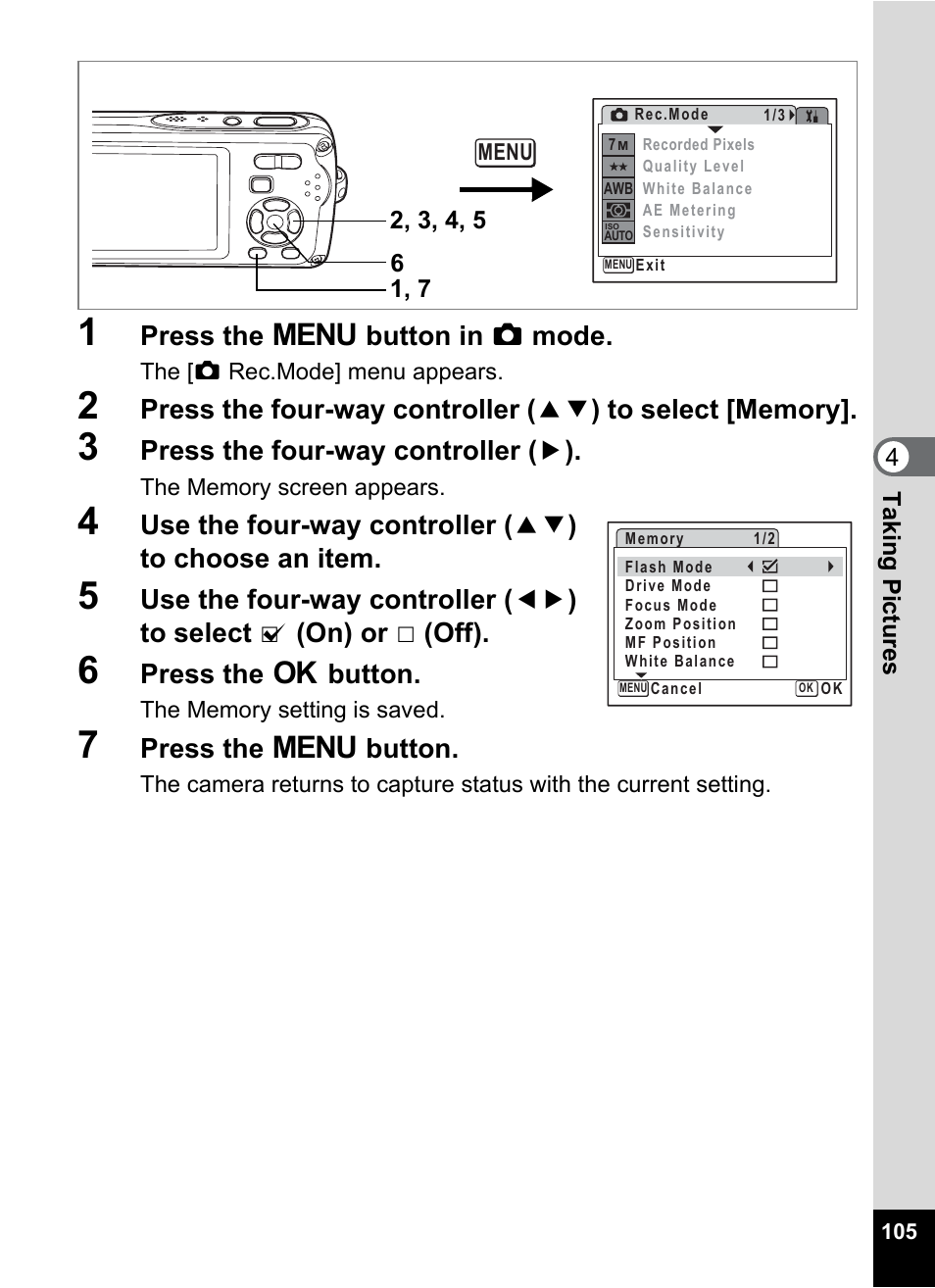 Press the 3 button in a mode, Press the four-way controller ( 5 ), Press the 4 button | Press the 3 button | Pentax Optio W30 User Manual | Page 107 / 212