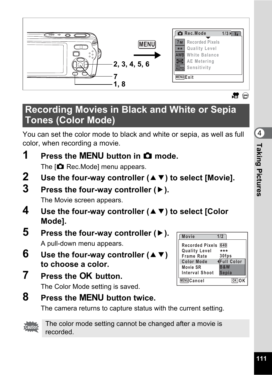 P.111, Press the 3 button in a mode, Press the four-way controller ( 5 ) | Press the 4 button, Press the 3 button twice | Pentax Optio W30 User Manual | Page 113 / 212