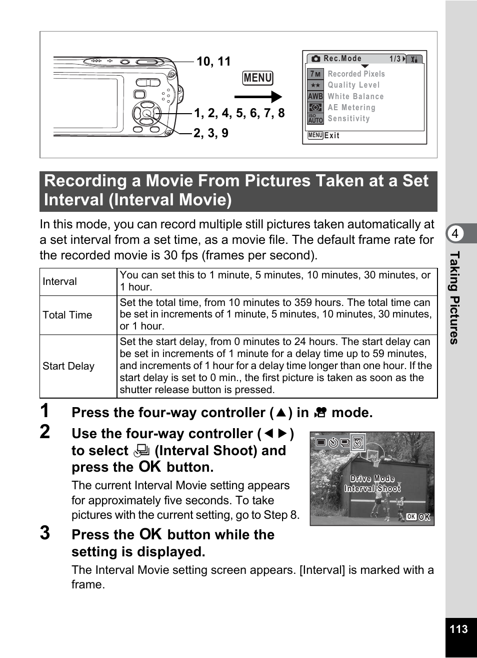 P.113, Press the four-way controller ( 2 ) in, Mode | Press the 4 button while the setting is displayed | Pentax Optio W30 User Manual | Page 115 / 212