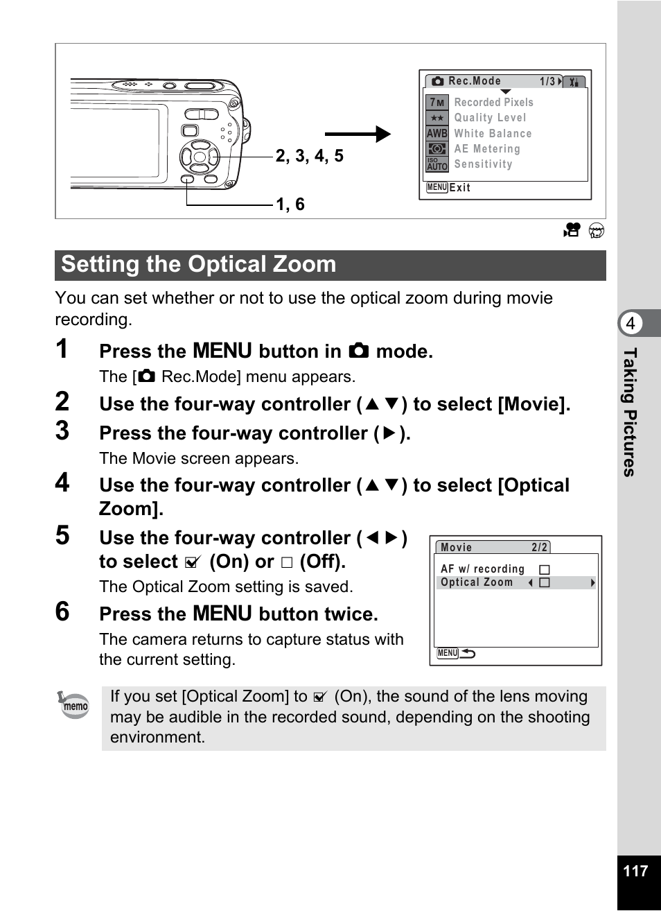 Setting the optical zoom, P.117, Setting the optical zoom 1p.117 | Press the 3 button in a mode, Press the four-way controller ( 5 ), Press the 3 button twice | Pentax Optio W30 User Manual | Page 119 / 212