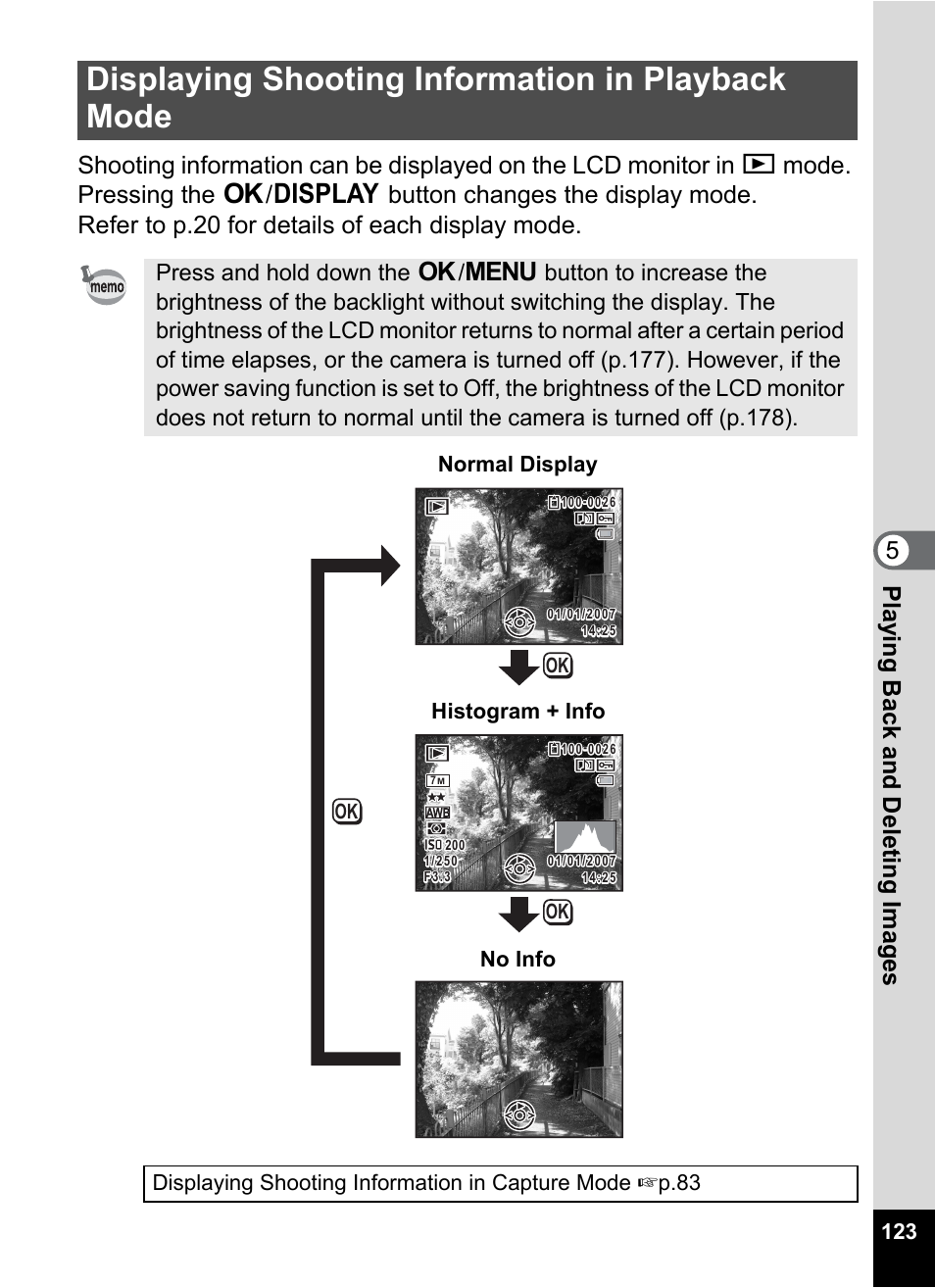 Displaying shooting information in playback mode, P.123), Normal display histogram + info no info | Pentax Optio W30 User Manual | Page 125 / 212