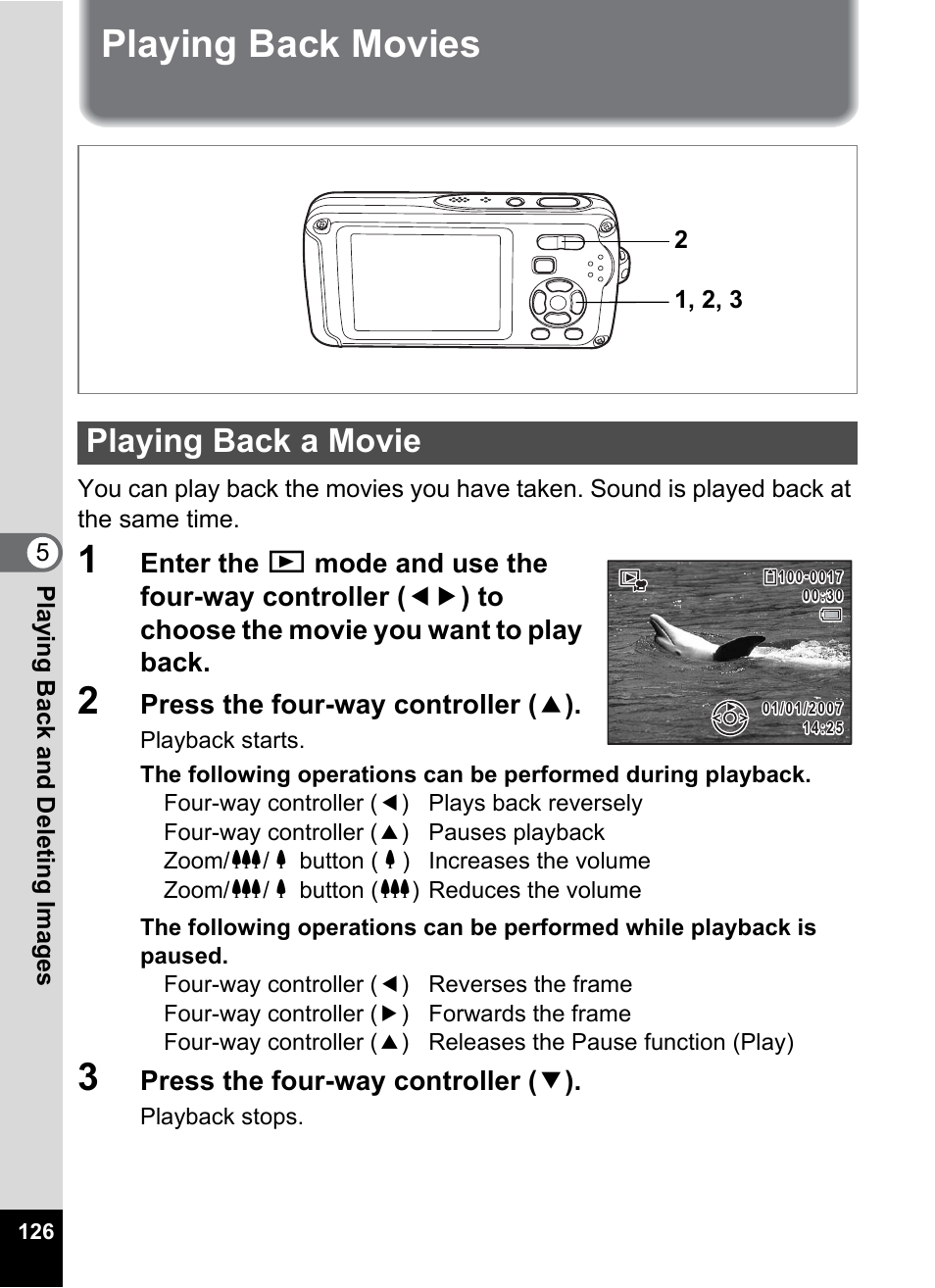 Playing back movies, Playing back a movie, P.126, p.161) | P.126, Ring playback. (p.126), P.126) | Pentax Optio W30 User Manual | Page 128 / 212