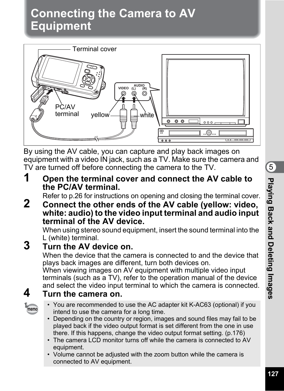 Connecting the camera to av equipment | Pentax Optio W30 User Manual | Page 129 / 212