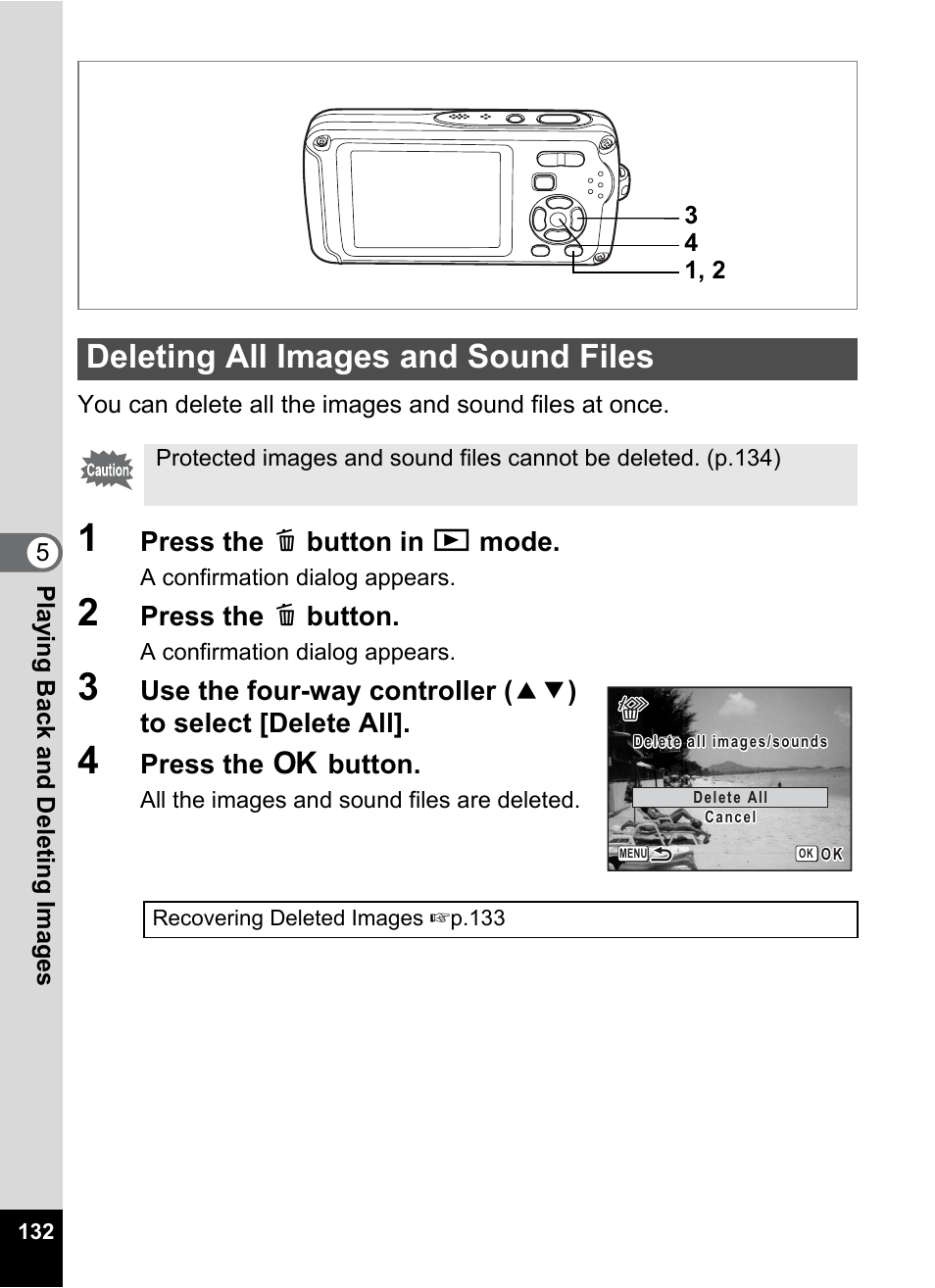 Deleting all images and sound files | Pentax Optio W30 User Manual | Page 134 / 212